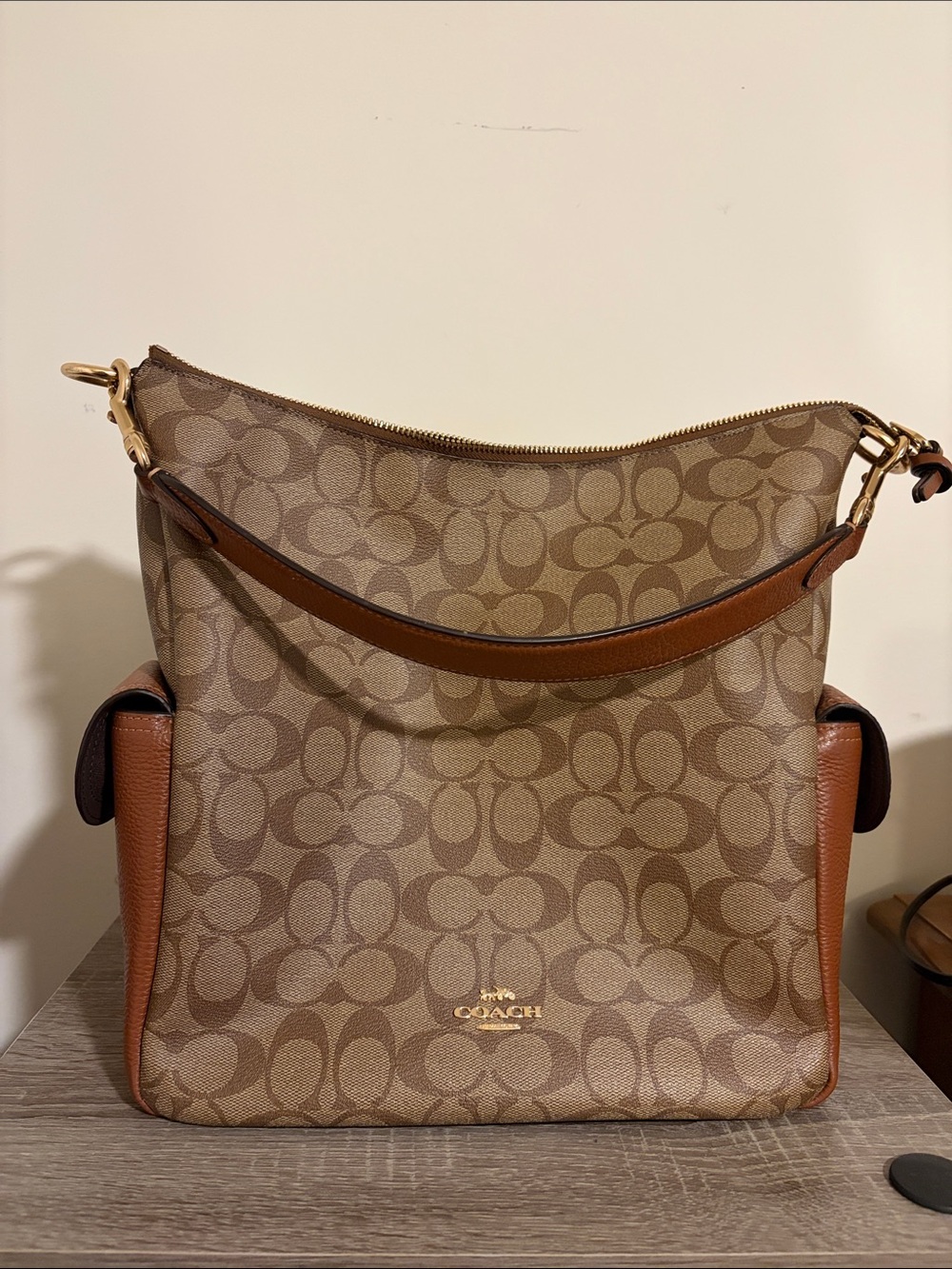 Coach Canvas Signature Hobo Shoulder Bag in Brown & Tan